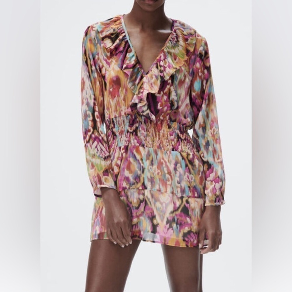 Zara Chiffon Mini Dress Multicolored Ikat Print Small